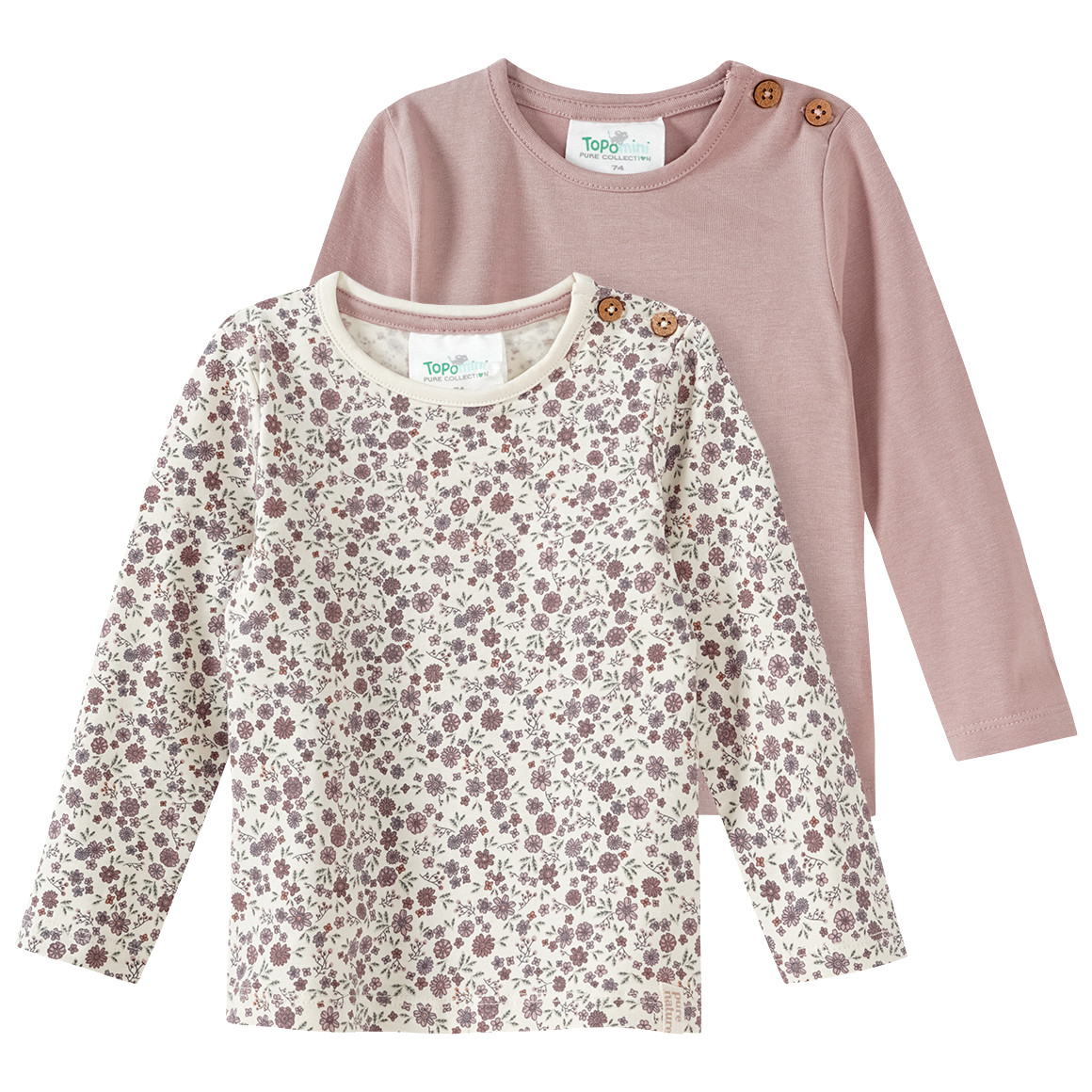 Topomini Pure Collection 2 Baby Langarmshirts mit Blümchen hellbeige / puderrosa
