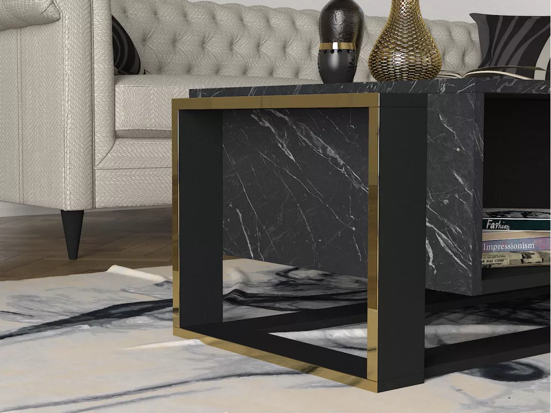 Table basse avec 1 niche - Effet marbre noir et doré - COMEBI