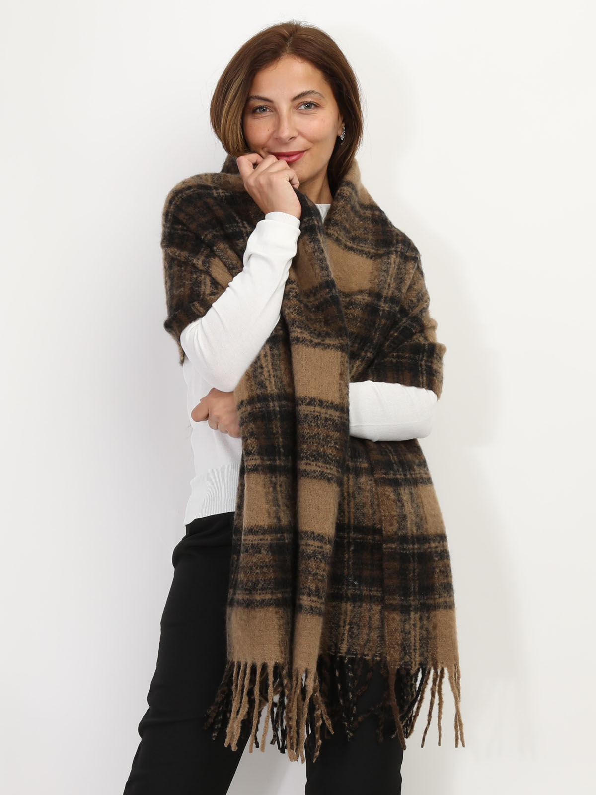Écharpe à franges motif tartan- Marron