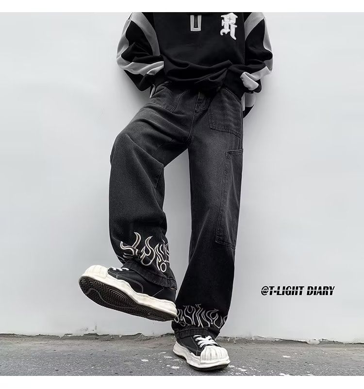 Double White - Mid Rise Flame Print Washed Panel Straight Leg Jeans