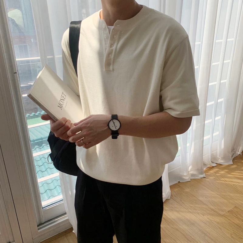 Okwano - Henley gebreide top met korte mouwen