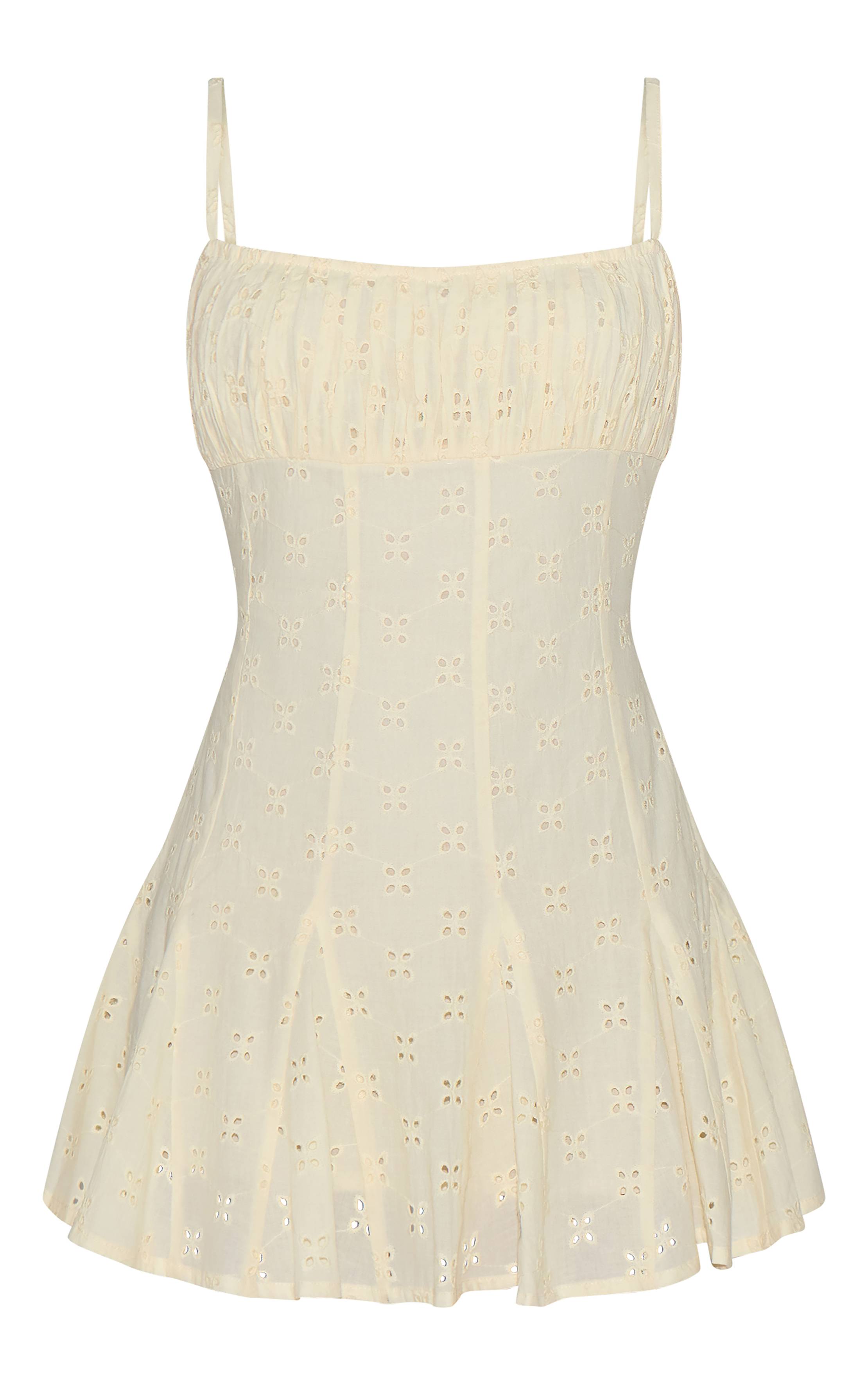 Citron Robe Droite Plissée À Bretelles En Broderie Anglaise