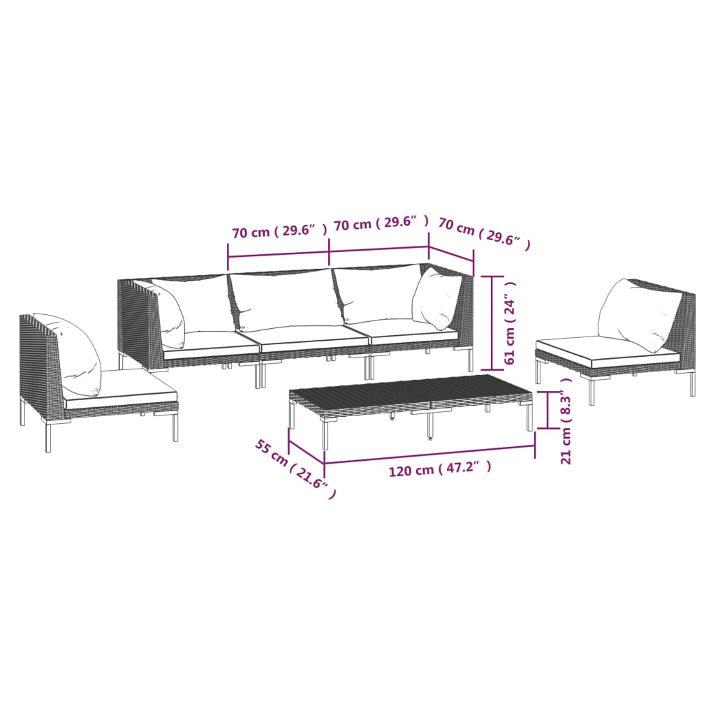 Salon de jardin meuble d'extérieur ensemble de mobilier 6 pièces avec coussins résine tressée gris foncé