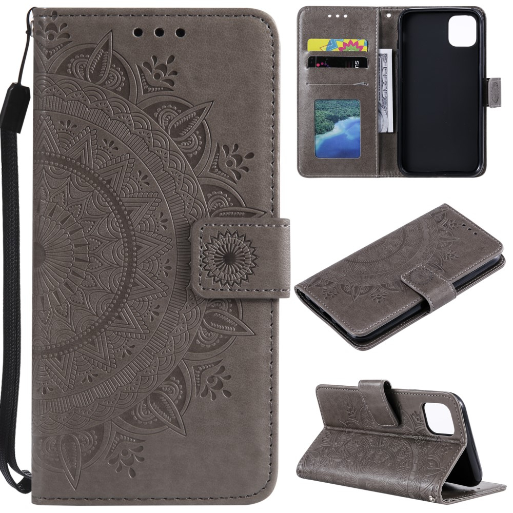 iPhone 13 Leder Tasche Wallet - Mandala Flowers Imprint - Grau