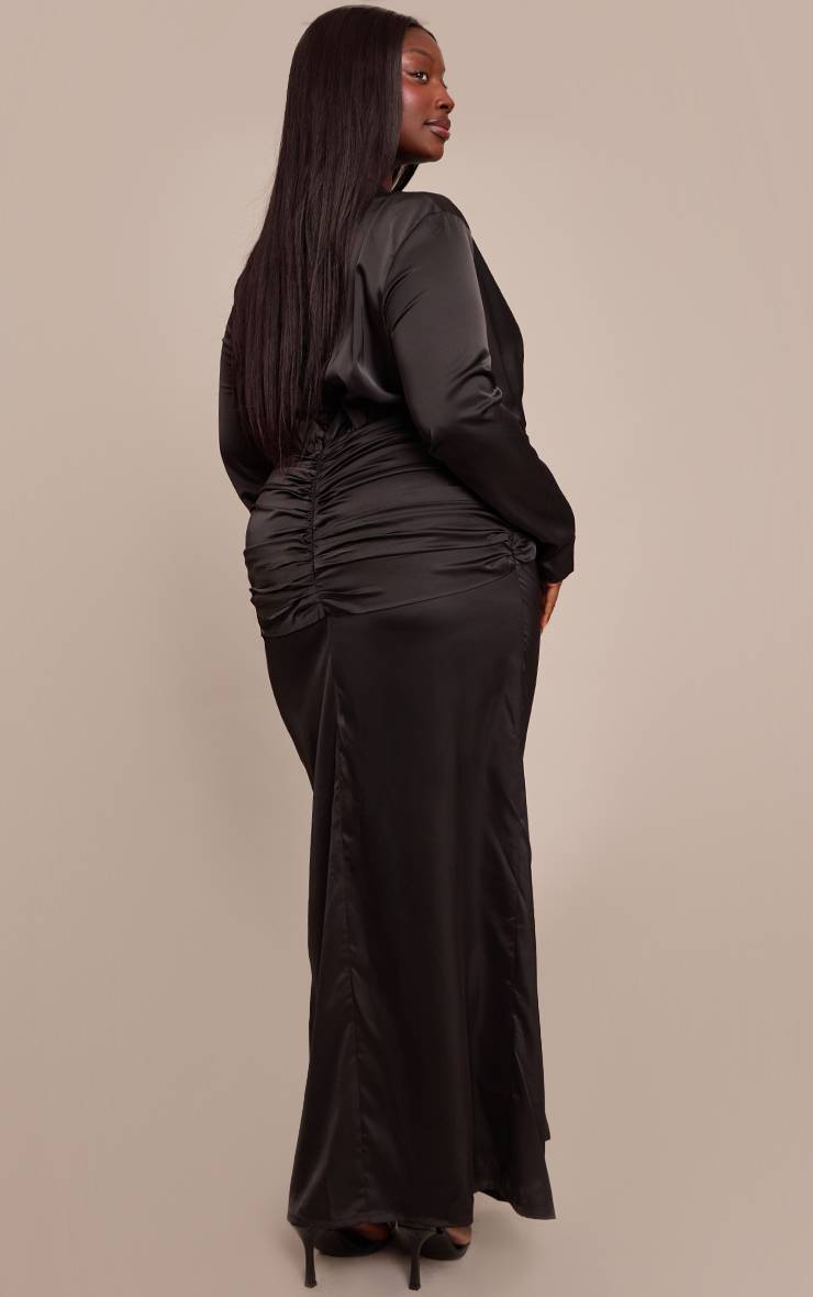 Noir Robe Maxi Grande Taille En Satin Avec Drapé Torsadé Sur Le Devant