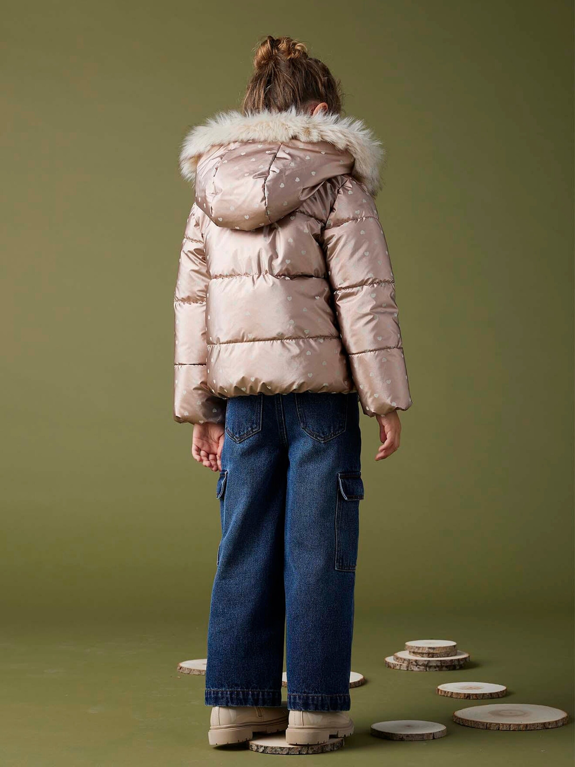 Vertbaudet Mädchen Steppjacke mit Kapuze und Fleecefutter, Wattierung Recycling-Polyester rosa bedruckt