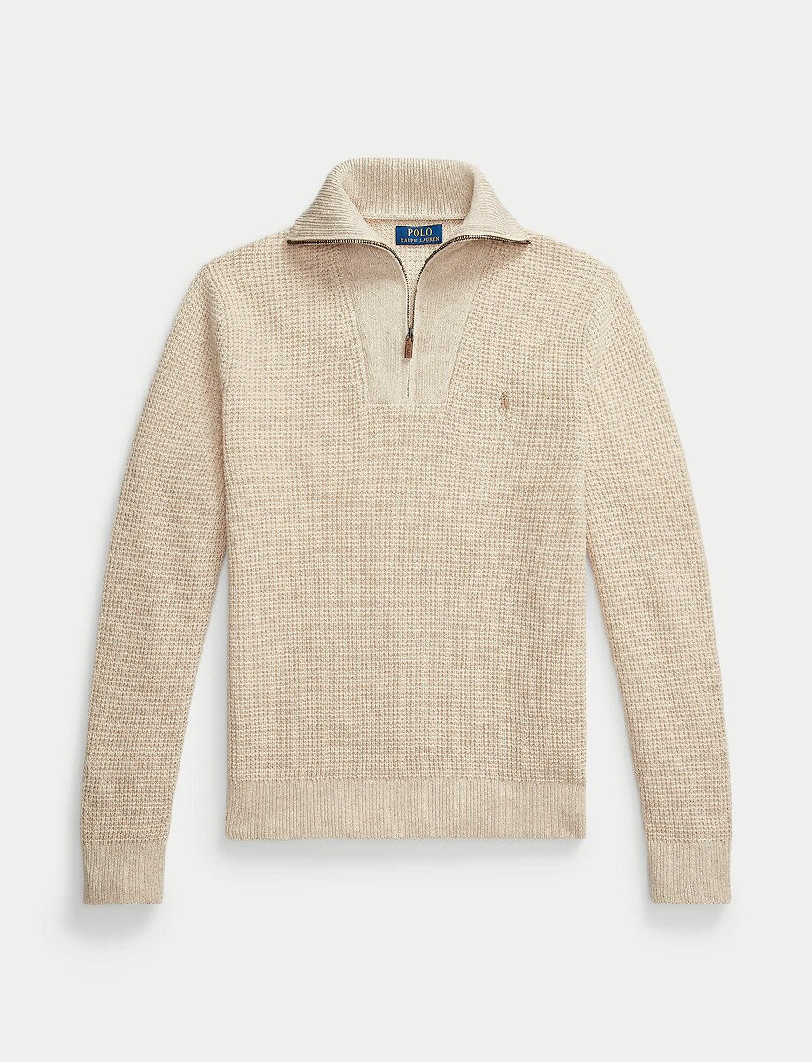 POLO RALPH LAUREN<br>Suéter com gola trucker e zíper frontal de 1/2, algodão/lã