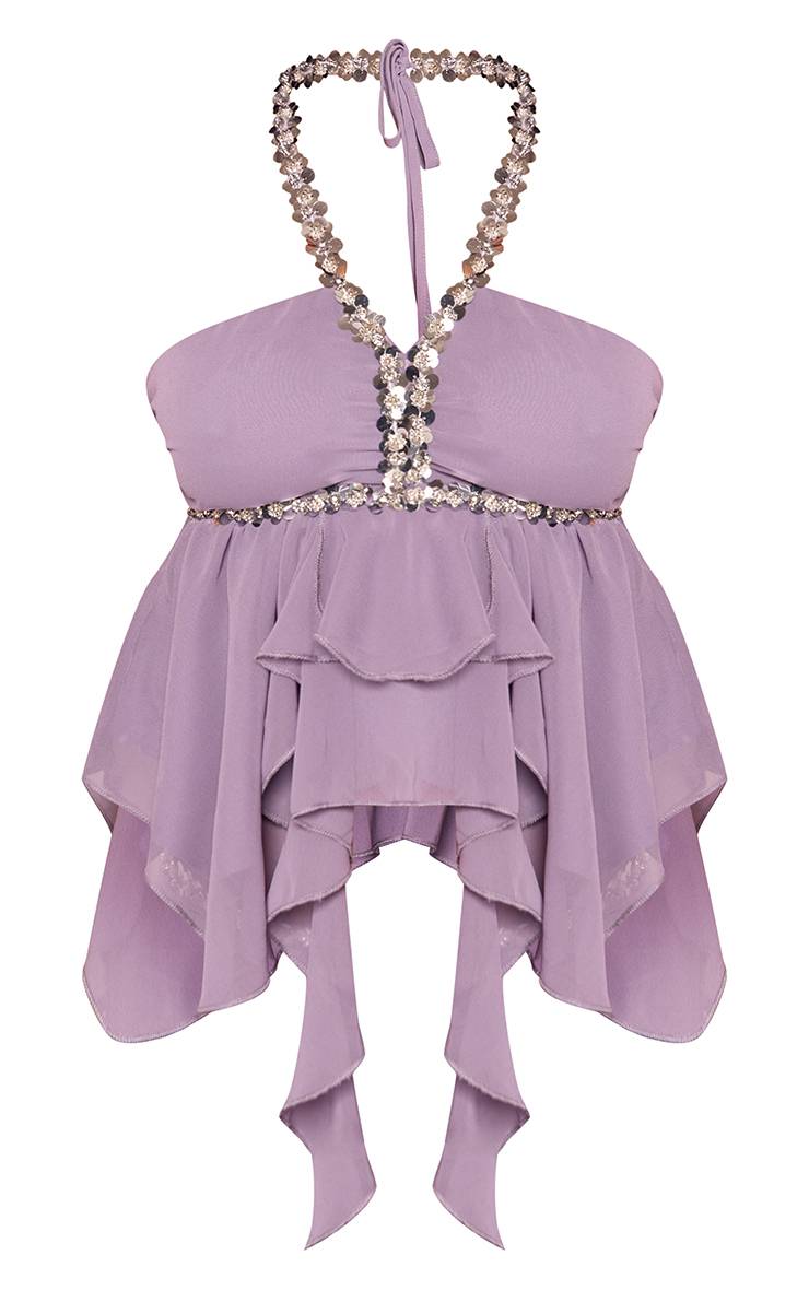 Lilas Top Caraco Fluide Petite À Encolure Américaine Et Ornements Coordonné