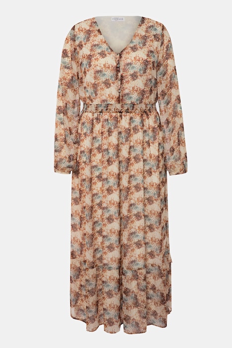 Maxikleid, A-Line, Schuppen Print, V-Ausschnitt, elastische Taille, Langarm