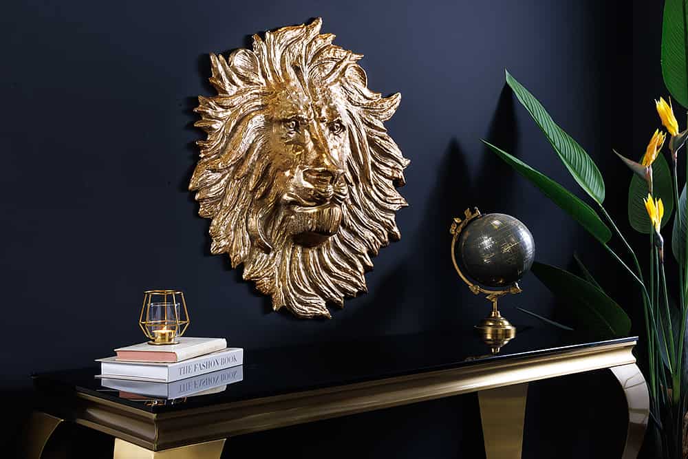 Goldene Wanddeko WILDLIFE LION 60cm gold Metall Löwenkopf-Skulptur handmade
