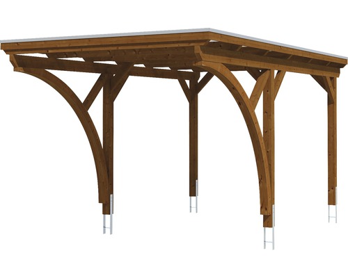 Enkele carport Konsta aluminium dakpanelen inclusief 2 inrijbogen en H-ankers 304x500 cm notenhout