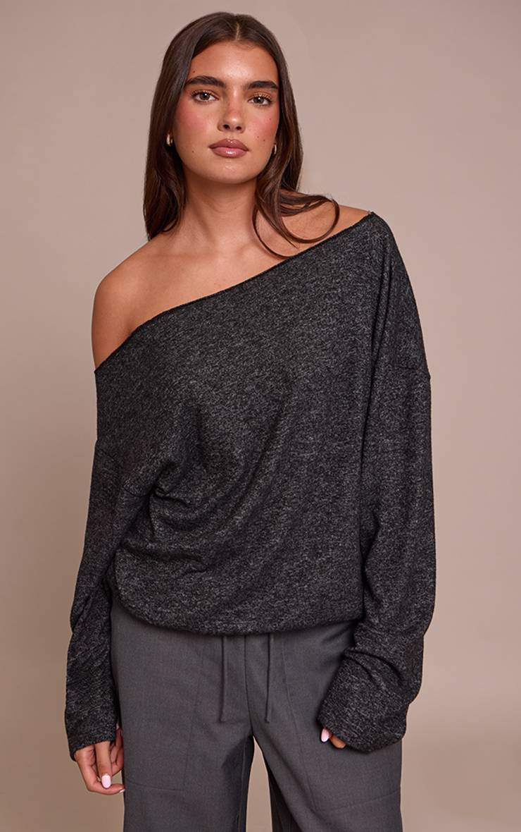 Charbon Haut À Manches Longues En Maille Douce Asymétrique Oversize Décontracté