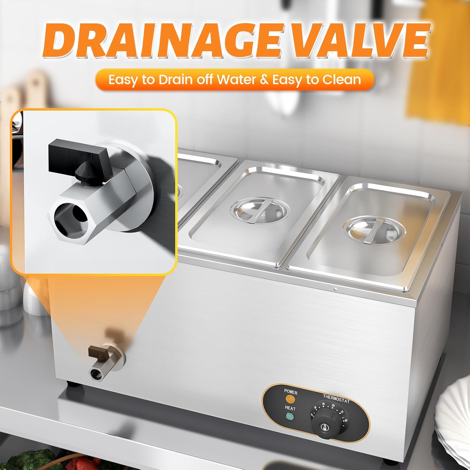 Bain Marie Speisenwärmer Wasserbad Gastro GN-Behältern 1/3 * 3 Warmhalter Edelstahl mit Ablaufhahn 1500W