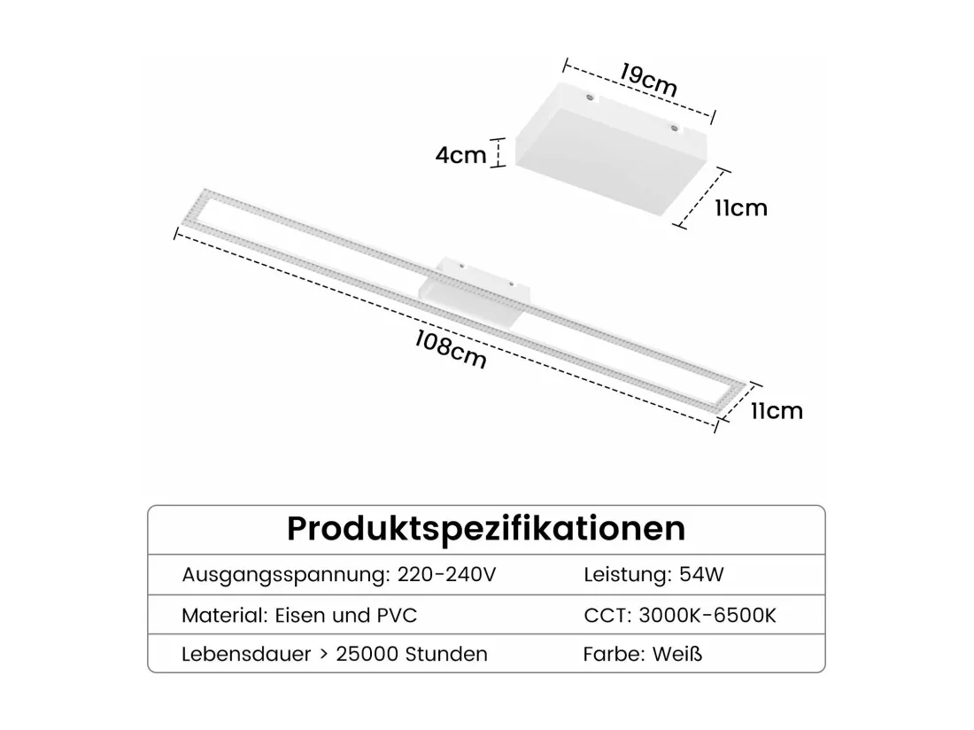 NETTLIFE Plafonnier LED Salon Moderne 108CM 40W Dimmable avec Télécommande pour Chambre Bureau Couloir