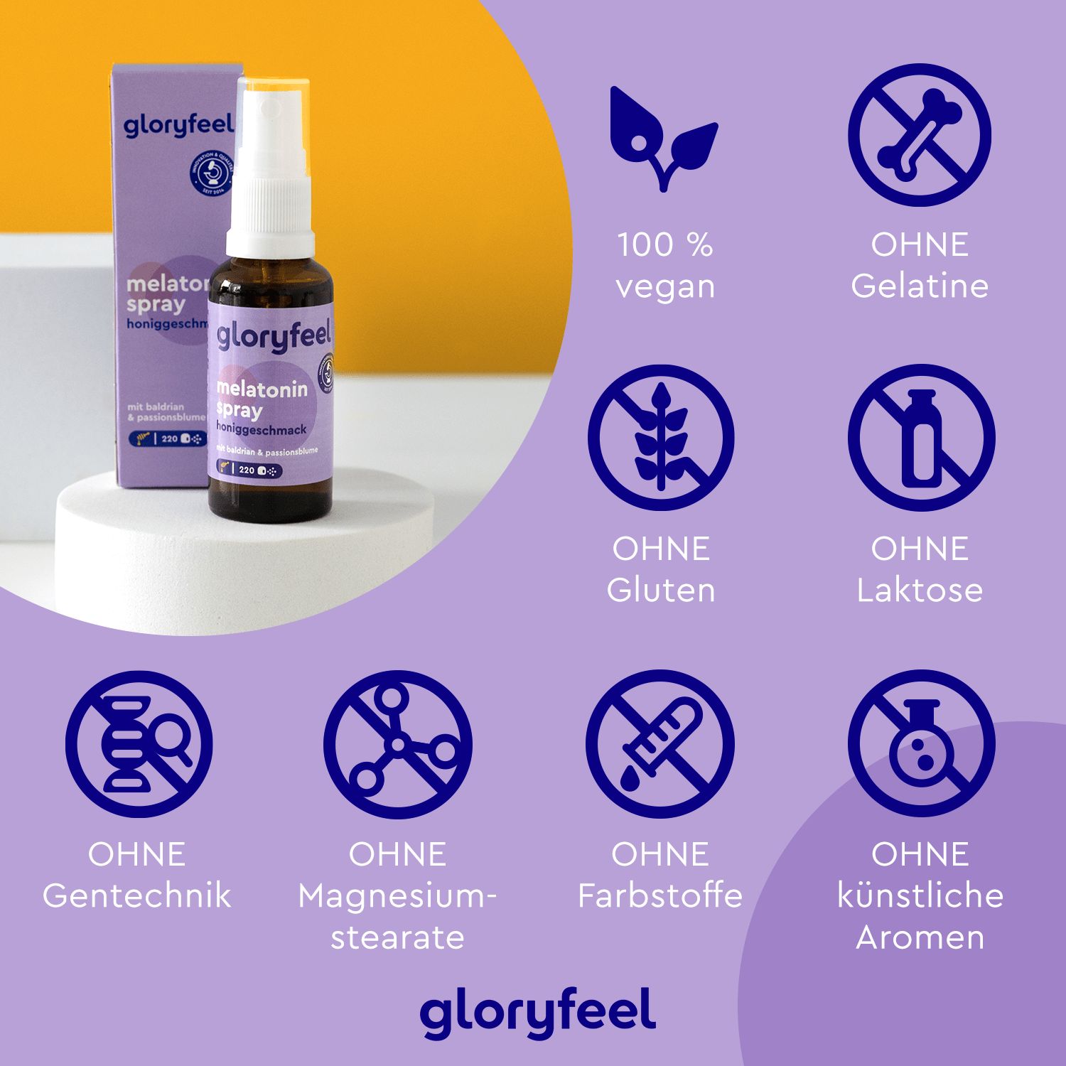 gloryfeel® Melatonin + Baldrian, Lavendel & Melisse Spray Honig