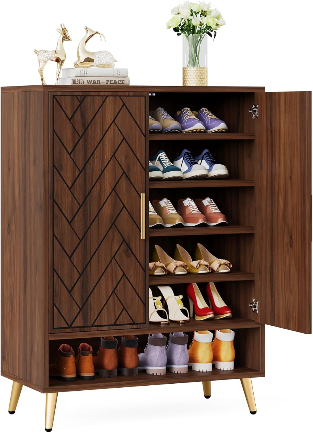 LITTLE TREE Schuhschranks, Holz Schuhkommode mit 2 Türen, Schuhregal mit 6 Ebenen und verstellbaren Regalen, Schmaler Schuhschrank für Wohnzimmer, Flur, Schlafzimmer, Braun