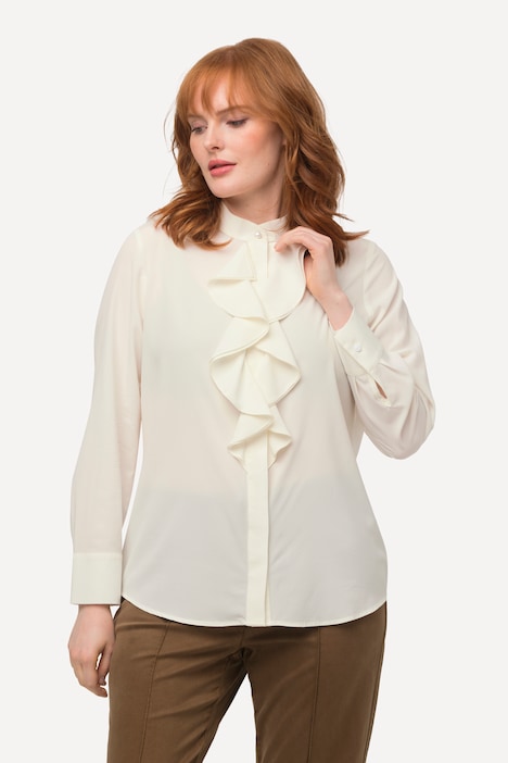 Seiden-Stretchbluse, Stehkragen, Rüsche, Langarm