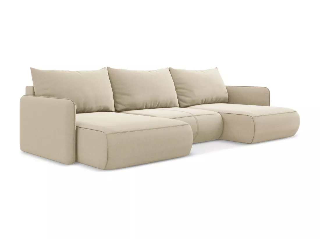 Canapé d'angle panoramique convertible en velours - beige clair - NANEA