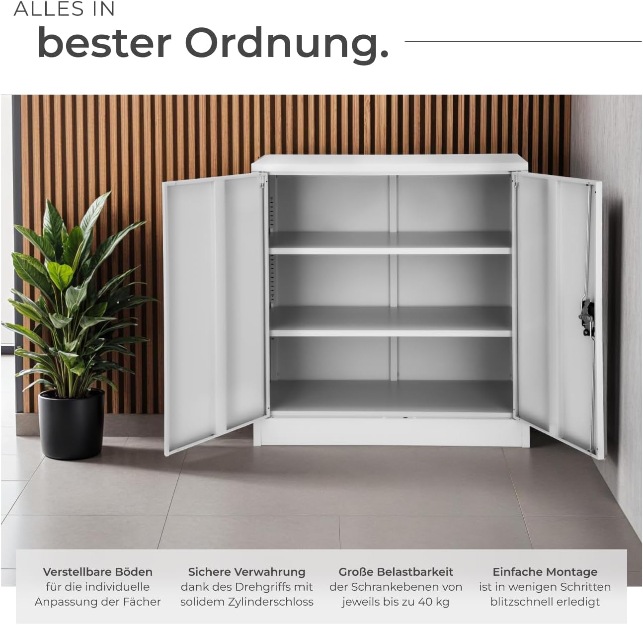 tectake® Aktenschrank abschließbar, Metallschrank mit Sicherheits-Zylinderschloss, Büroschrank abschließbar, Mehrzweckschrank aus Stahl, 3 höhenverstellbare Einlegeböden, 90 x 40 x 90 cm - grau