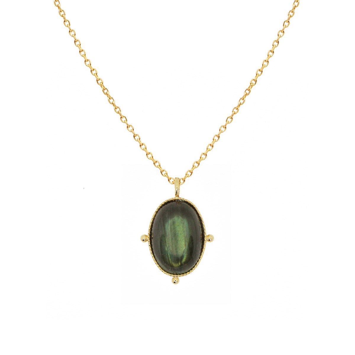 Collier pendentif dorée à l'or fin 24K avec une pierre naturelle Labradorite NEW CALYPSO