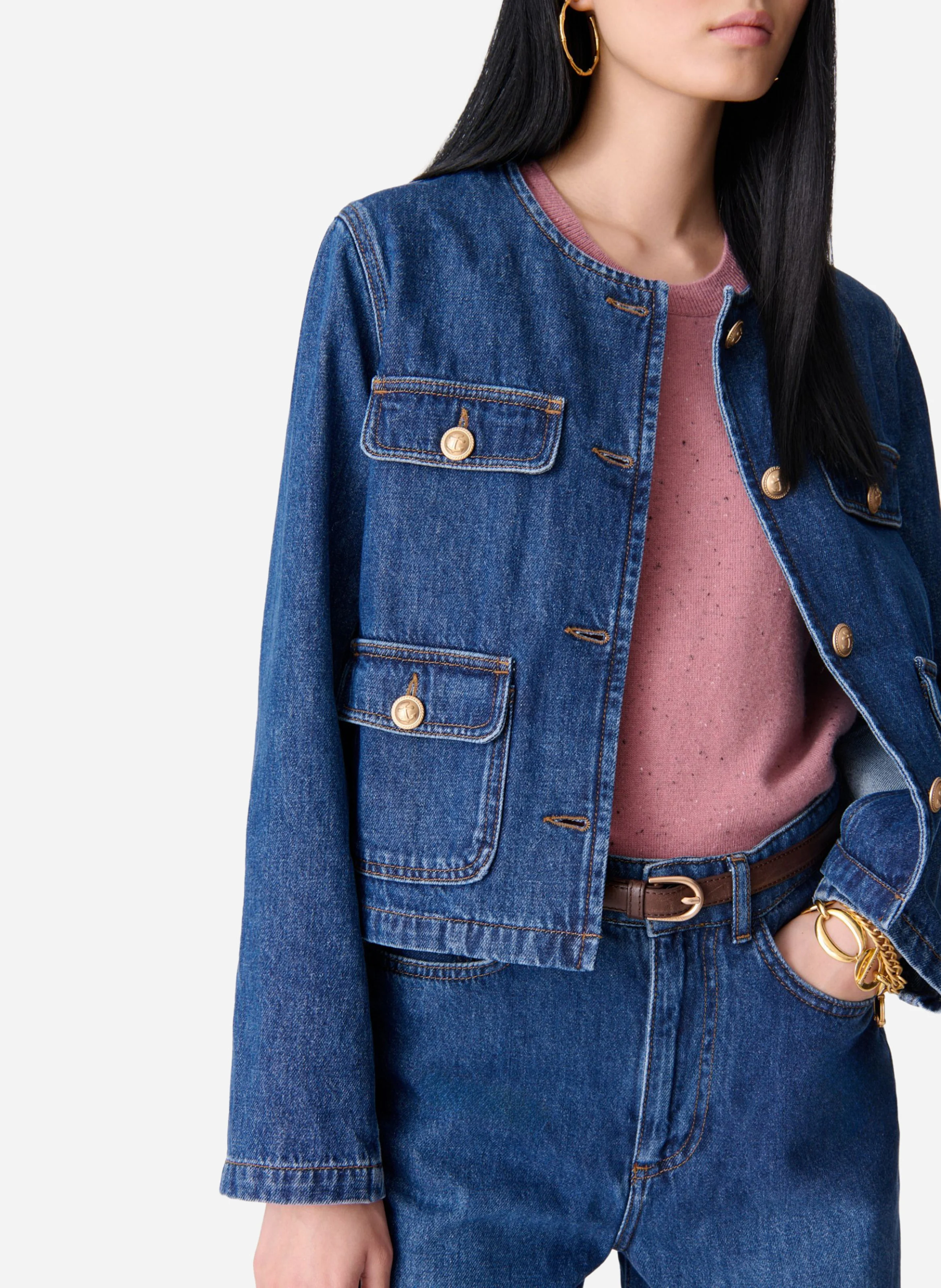 DEANA - Veste cropped en jean à boutons fantaisies| Bleu