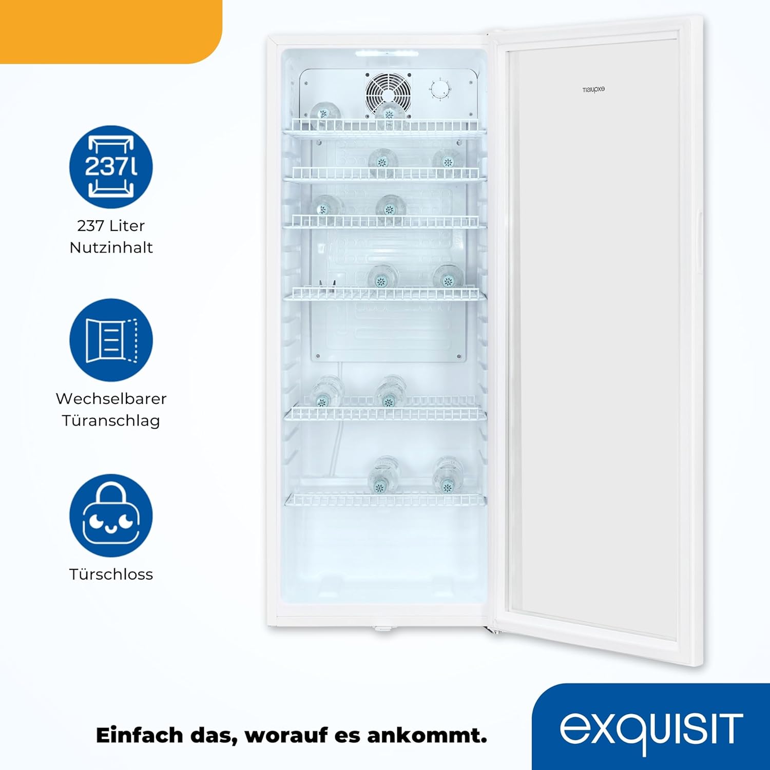 Exquisit Glastürkühlschrank GKS240-GT-160C weiss | Nutzinhalt: 237 L | Türschloss | 6 Gitterablagen | Umluftventilator | Standgerät
