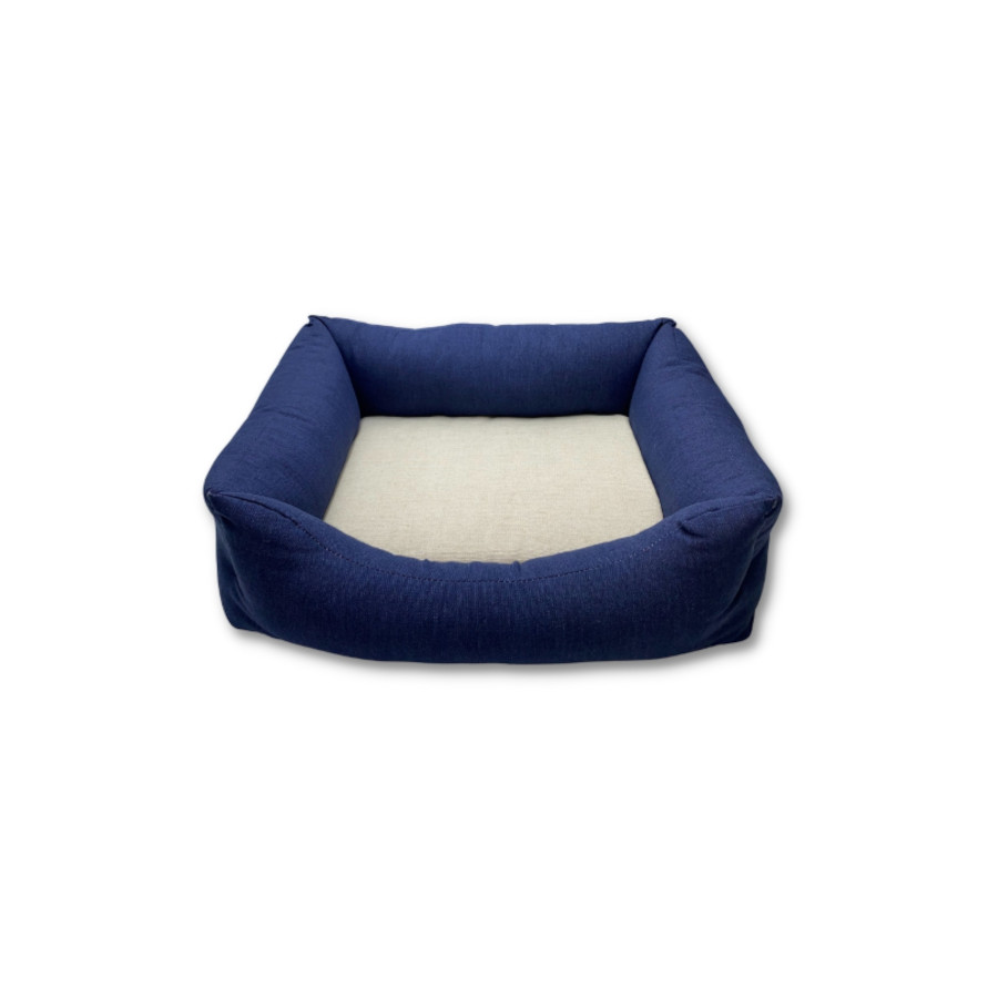 Berço tamanho padrão G, cor azul-marinho/natural, largura 85 cm, comprimento 70 cm, altura 20 cm.