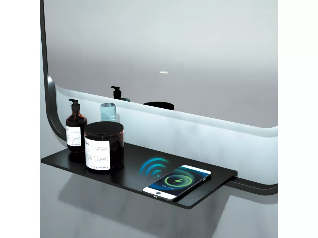 Miroir Salle de Bains Lumineux CONCEPT Anti-Buée et Éclairage Périmétral Triled Chargeur Induction Noir Mat 100x90cm LEDIMEX by SANIZÉO