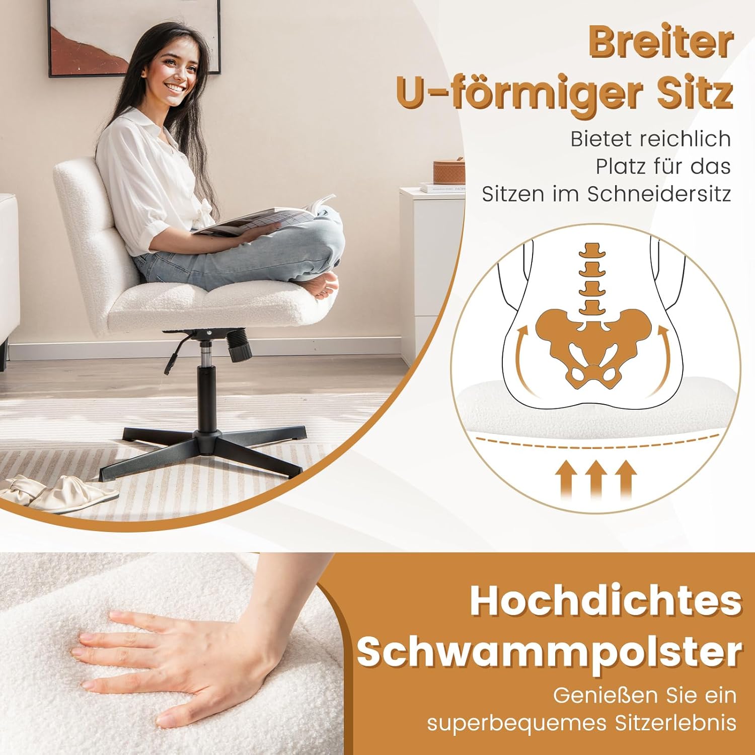 COSTWAY Schneidersitz Stuhl, Drehstuhl ohne Armlehnen, Schreibtischstuhl mit breiter Sitzfläche, Bürostuhl mit Kreuzfuß, Schminkstuhl, höhenverstellbar, Wippfunktion, modern (Beige)