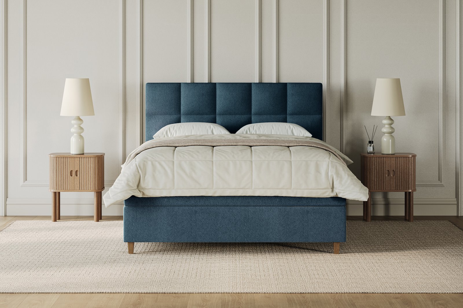 XOV Venus Kontinentalseng 180x210 cm i tekstil Terranova 21 blå, fast/fast med Premium 15 overmadrass og sort firkantede ben, gavl selges separate