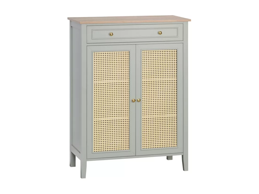 Meuble à chaussures style bohème chic - 2 portes 2 étagères réglables tiroir - MDF vert d'eau aspect chêne clair rotin