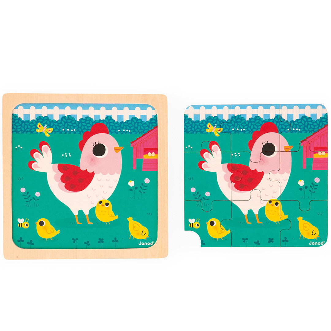 Janod puzzel kip, kat en konijn - 3x9st