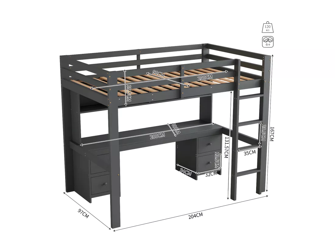 Lit mezzanine 90x200cm - avec bureau et 2 commodes - en pin massif et MDF - Gris