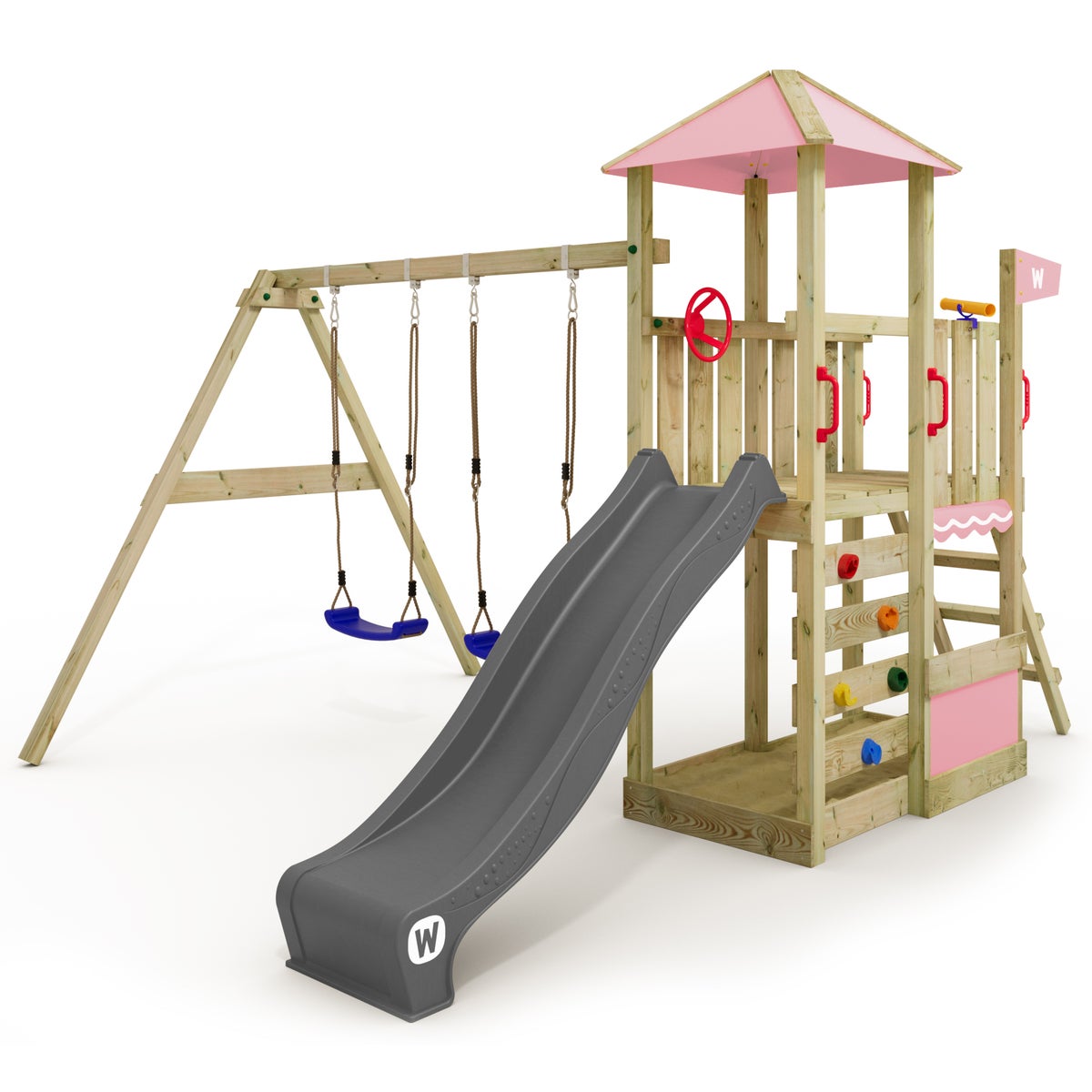 WICKEY Smart Savana speeltoren klimtoestel met schommel en glijbaan, speelhuis met klimladder en speelaccessoires – pastelroze