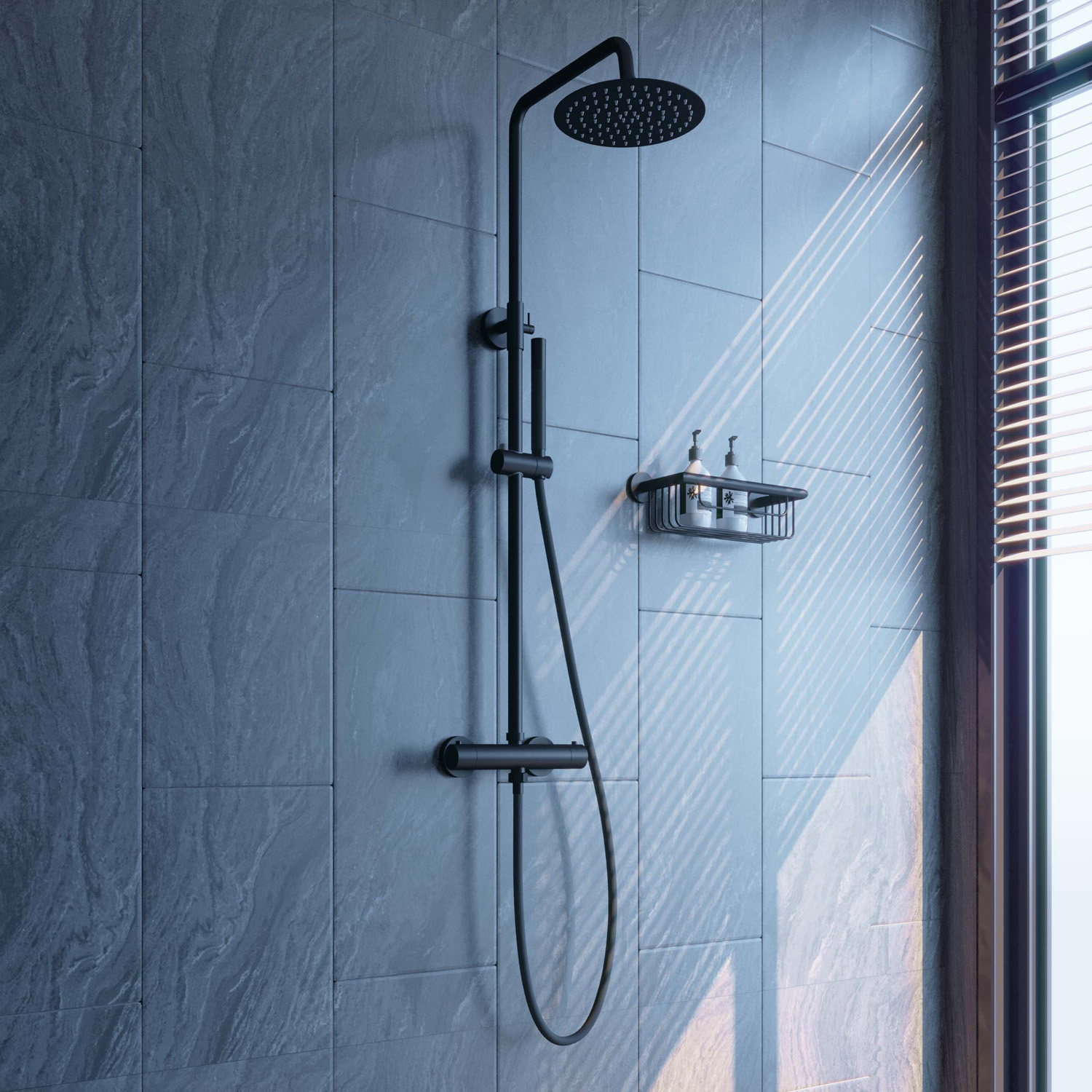 Saniclear Nero mat zwart opbouw regendouche 30cm met thermostaatkraan en staafhanddouche