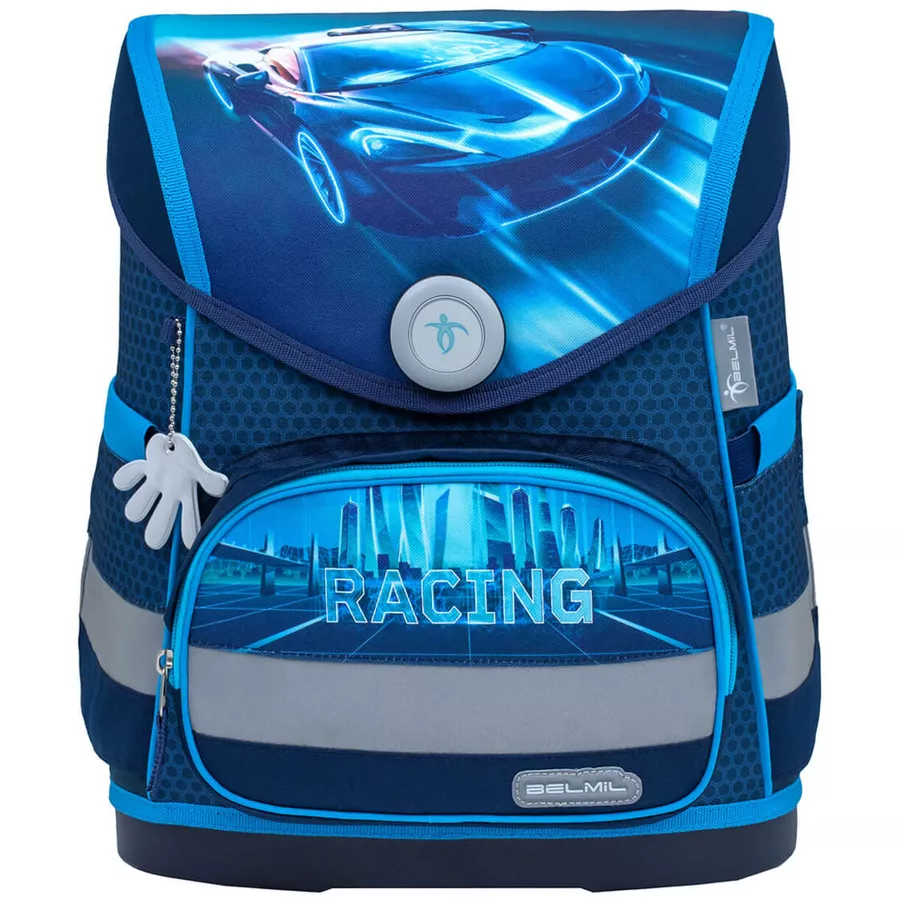 Belmil Schulranzen Compact Schulranzen Set 5-teilig mit Brustgurt Racing Blue Neon
