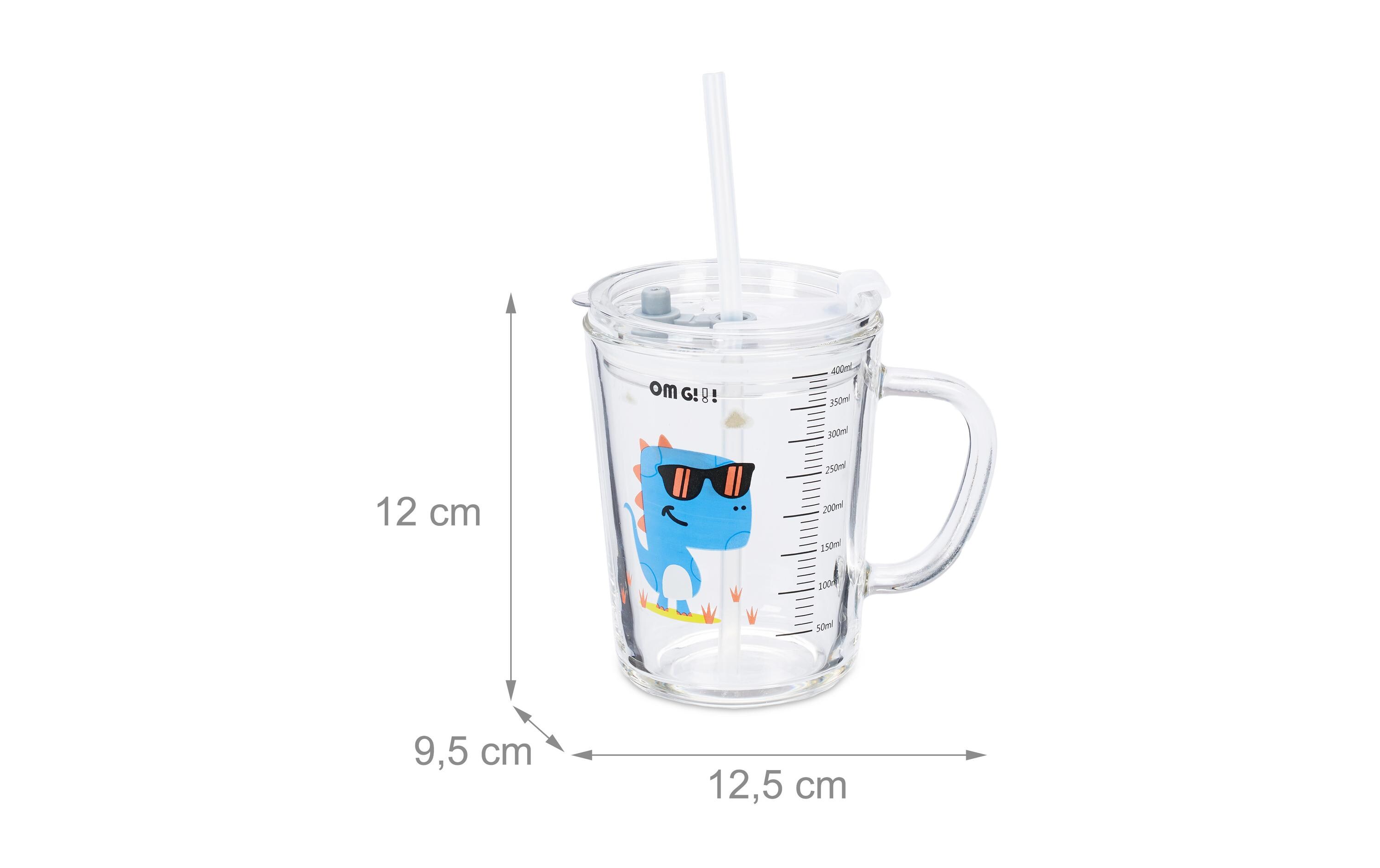 Kindertrinkglas Dino 2 Stück, 400 mlGlas mit Deckel und Strohhalm