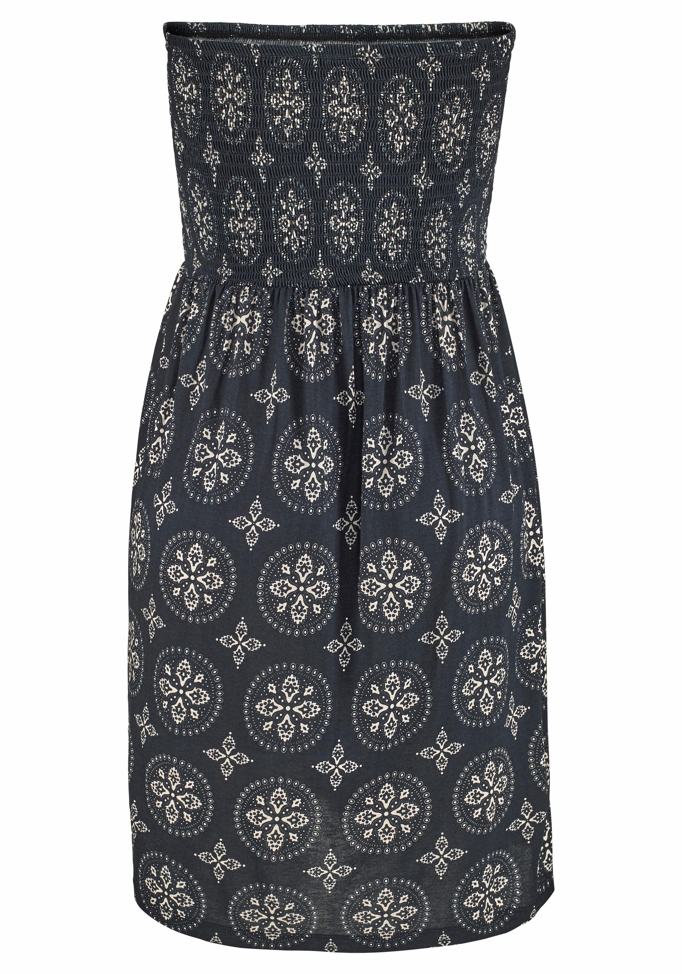 LASCANA Bandeaukleid mit gesmoktem Oberteil im Alloverdruck, schulterfreies Sommerkleid