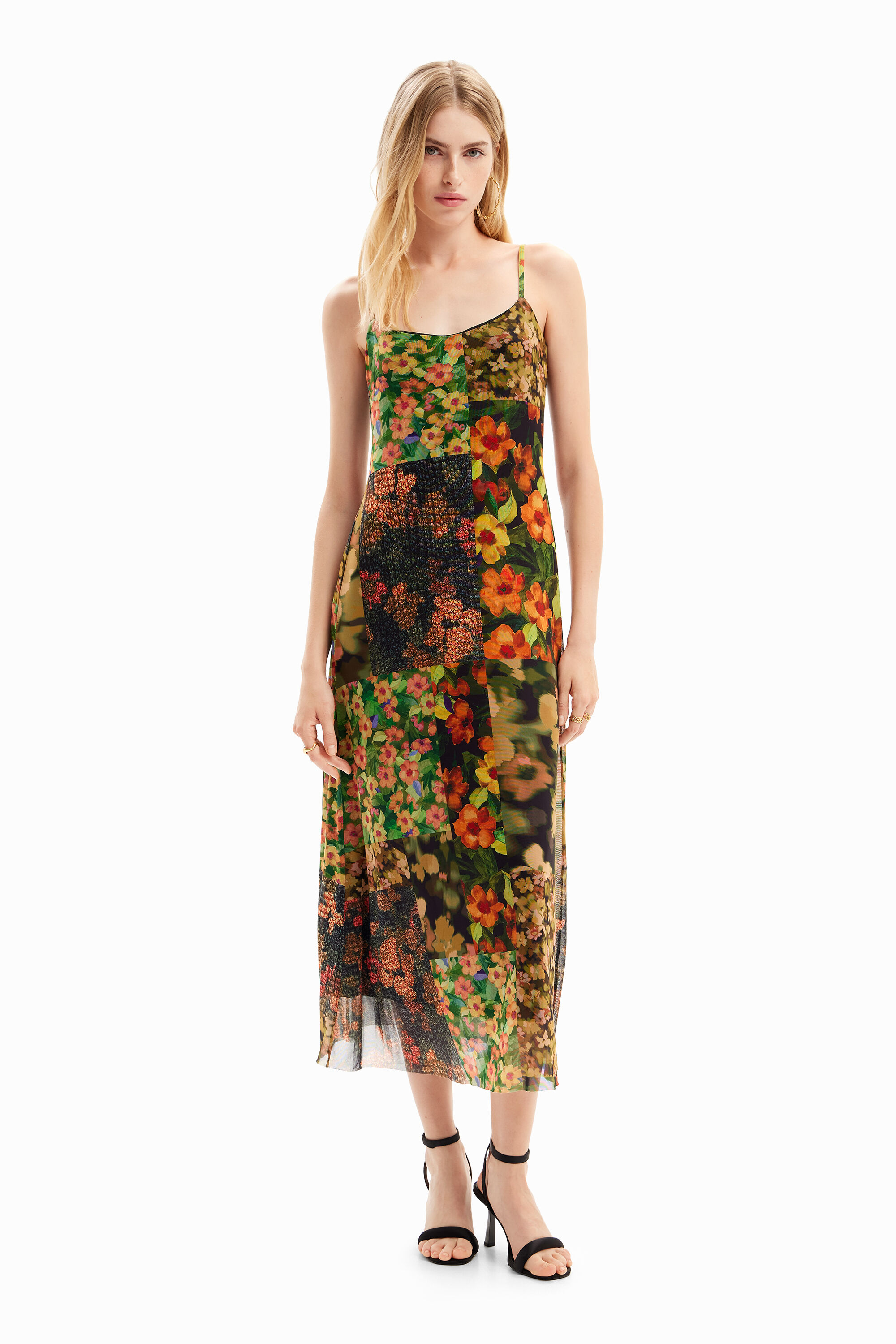 Vestido midi com patchwork 2 em 1