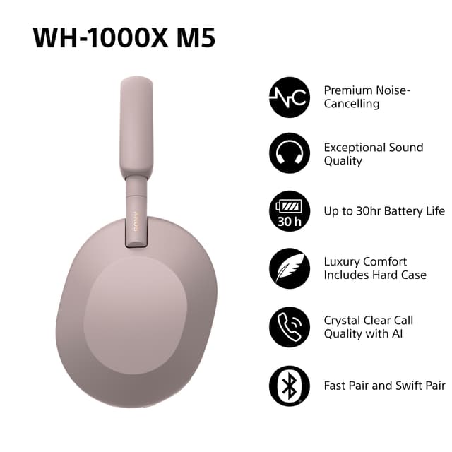 Sony WH-1000XM5 trådløse around-ear-hovedtelefoner (røget lyserød)