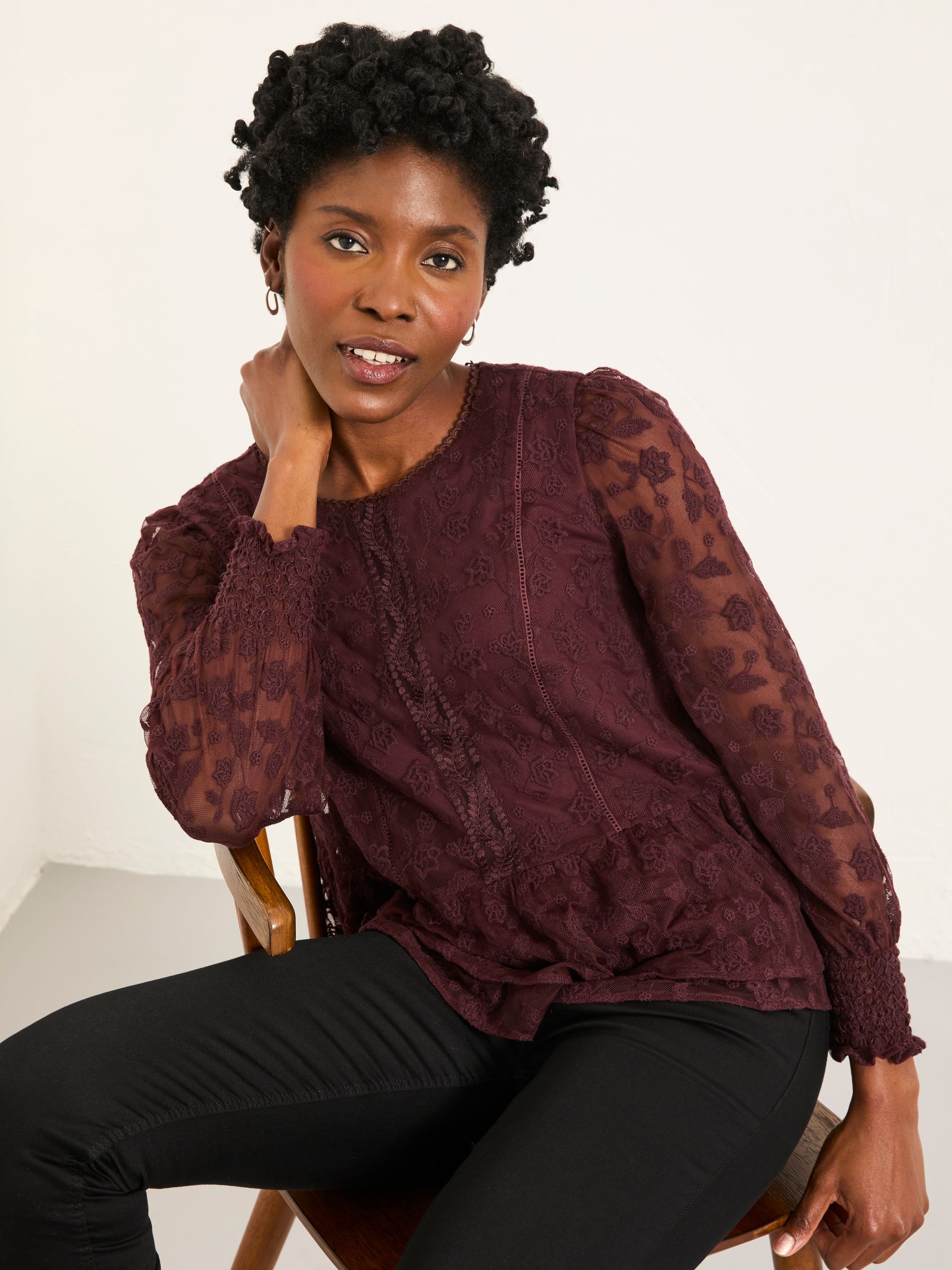 Donkerpaars - FatFace Lace Round Neck Top
