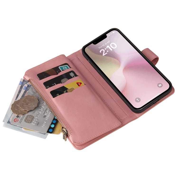 iPhone 16e Leder Tasche Flip Cover Kartenfächer mit Druckknopfverschluss   Handschlaufe - Rosa
