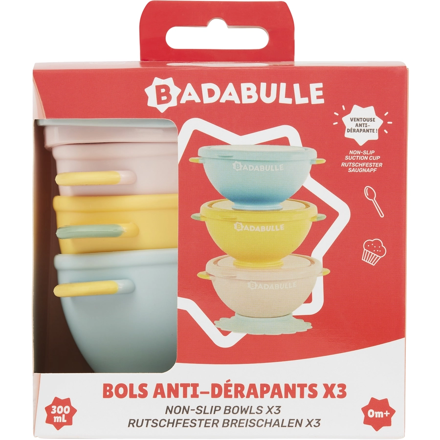Badabulle Schale Funcolor Bowls mit Deckel und Saugnapf 3-er Set