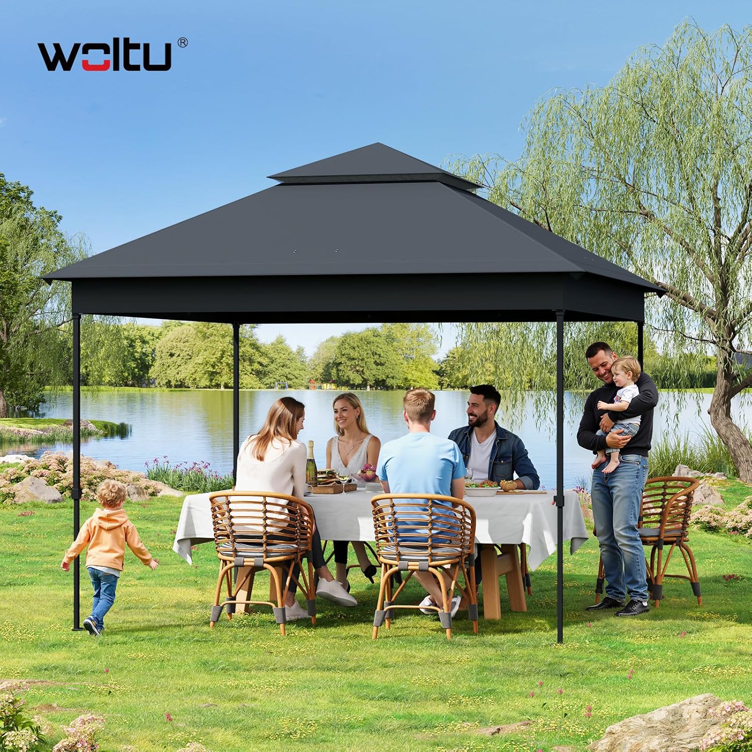 WOLTU Pavillon 3x3 m, Faltpavillon mit Moskitonetz, Partyzelt wasserdicht stabil, höhenverstellbares Partyzelt UV-Schutz, Gartenpavillon mit 4 Seitenteilen, Festzelt mit Tragtasche, Anthrazit