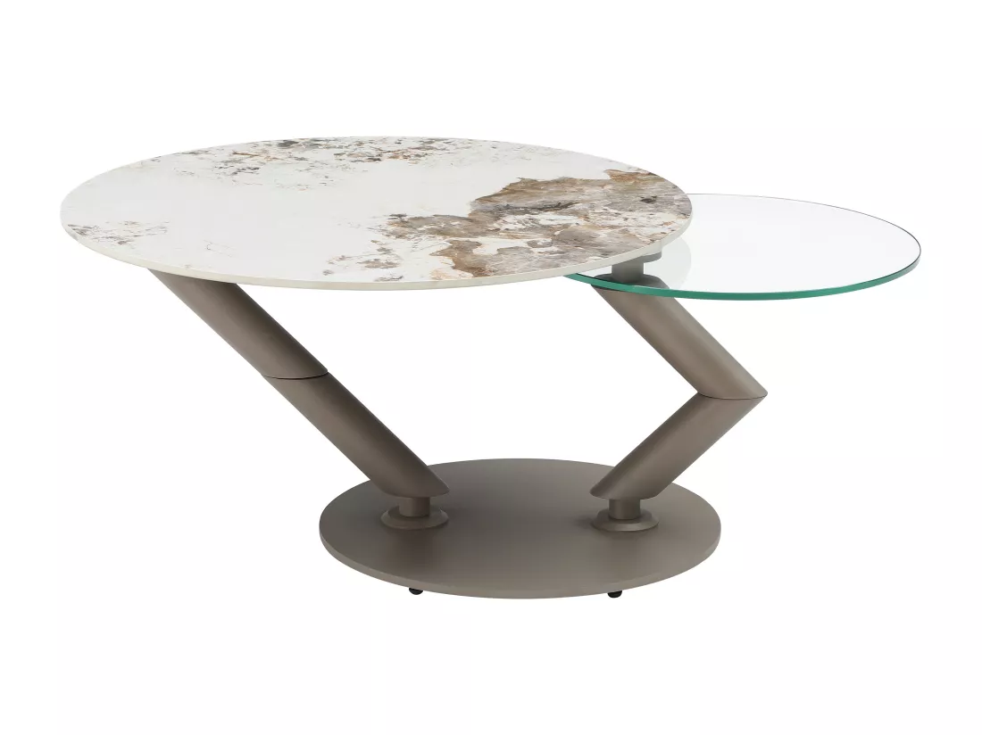 Table basse avec plateaux pivotants en céramique, verre trempé et métal taupe - Effet marbre blanc et gris - ELDOVA