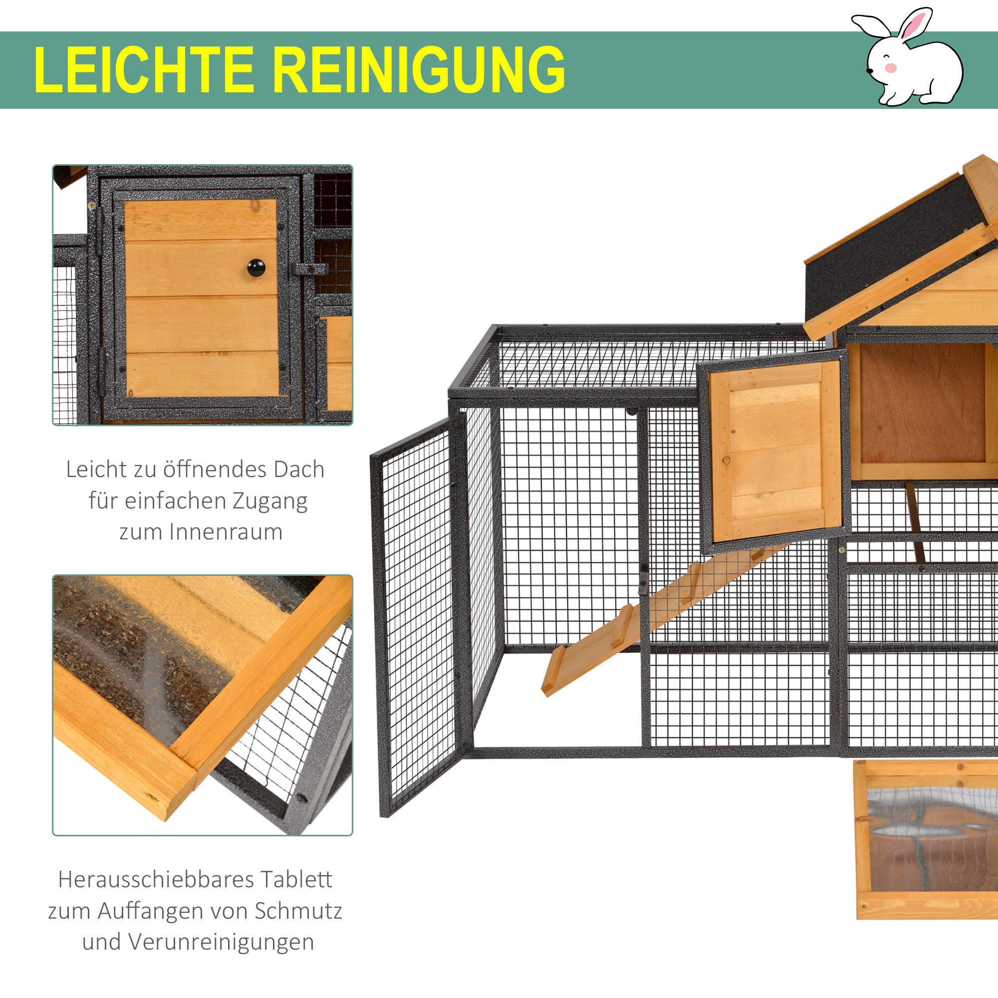 PawHut Kaninchenstall mit Auslauffläche Hellgelb, Schwarz 122 x 63 x 92 cm (BxTxH)