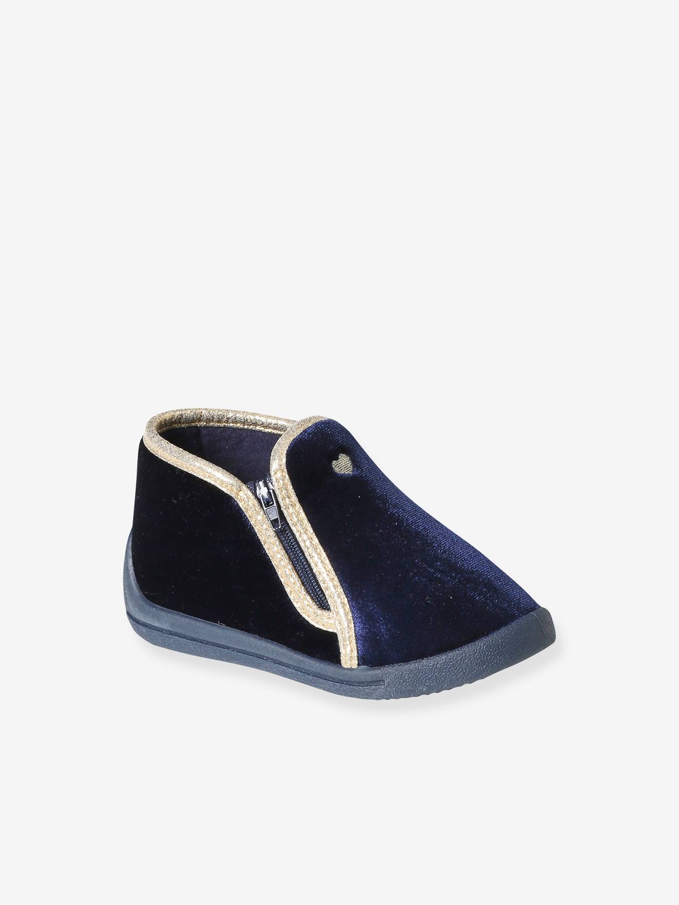 Pantufas de veludo azul para bebê com zíper