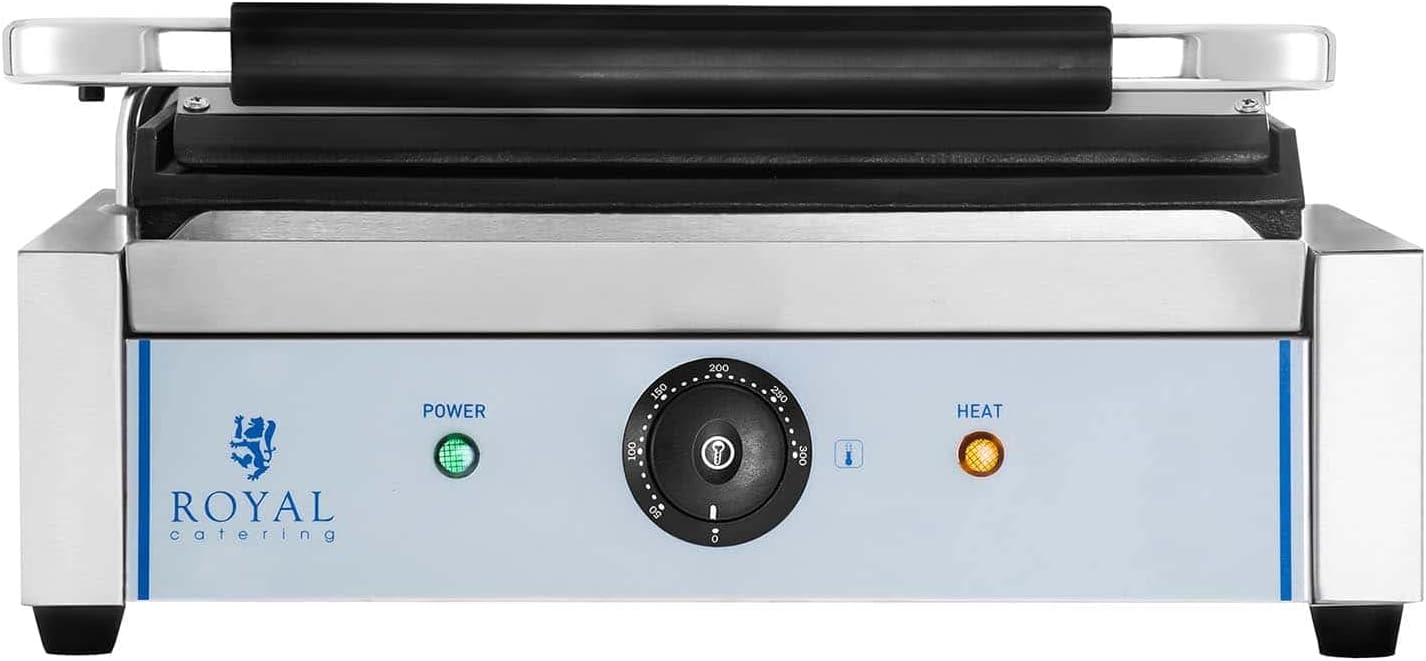 Royal Catering Gastro-Kontaktgrill 2200 W 300 °C 34,8 x 23 cm emailliertes Gusseisen + Edelstahl Elektrogrill kommerzieller Panini-Grill Sandwich-Pressgrill Multigrill
