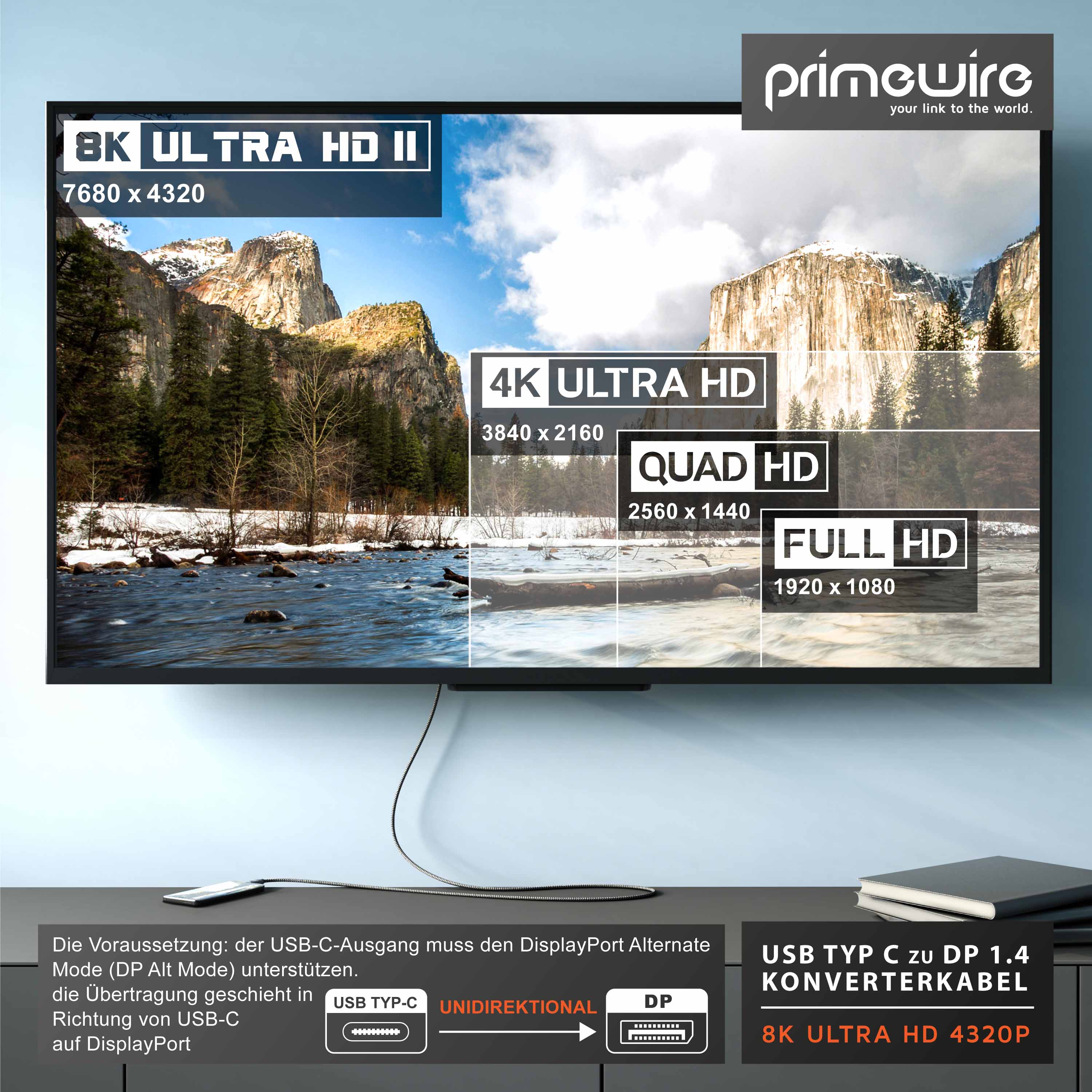 Primewire USB Typ C zu Display Port Konverterkabel Adapterkabel mit Stoffummantelung 8K 7680 × 4320 @ 30 Hz - 2m