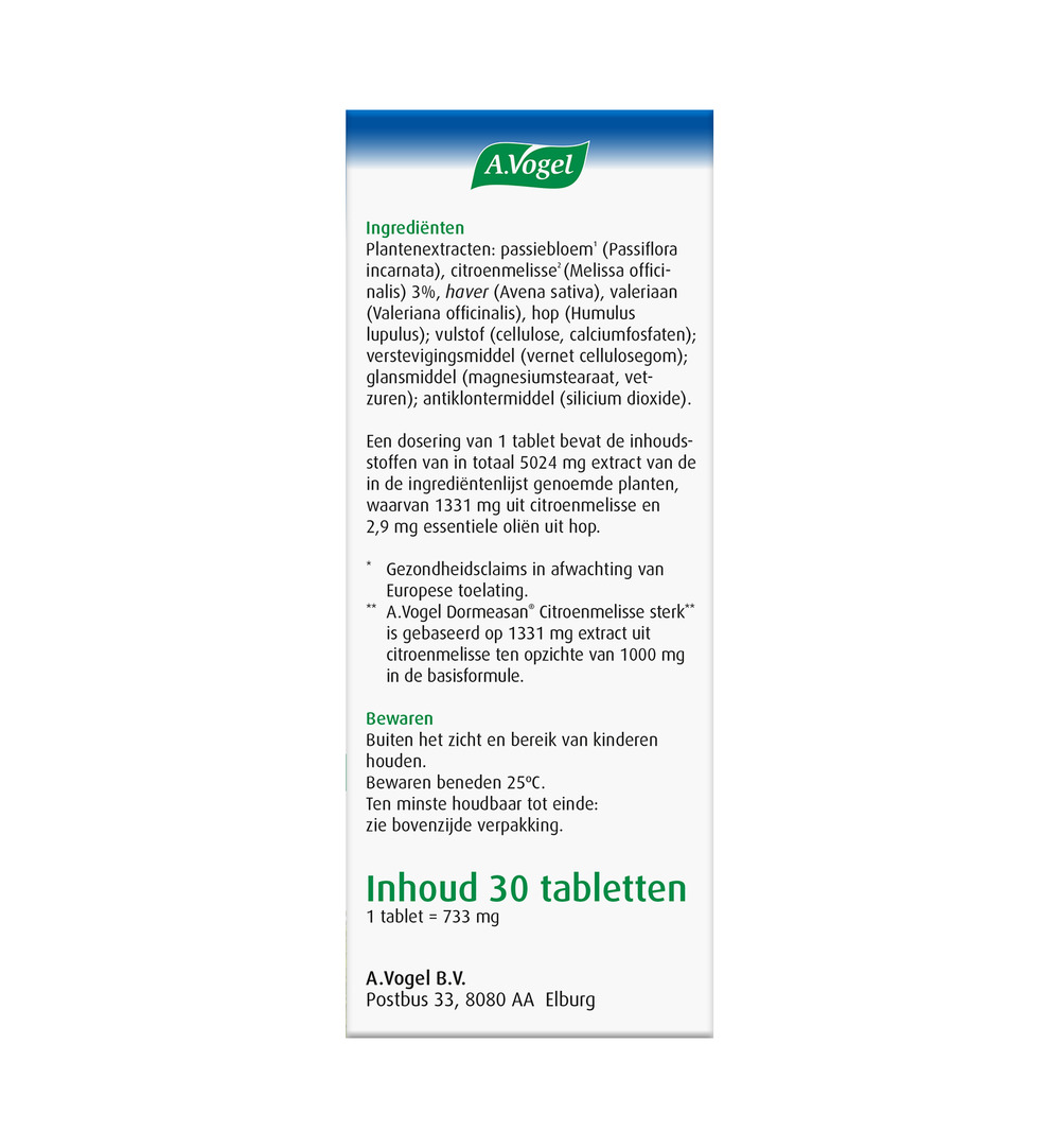A.Vogel Dormeasan Citroenmelisse Nachtrust Sterk (30 Tabletten)